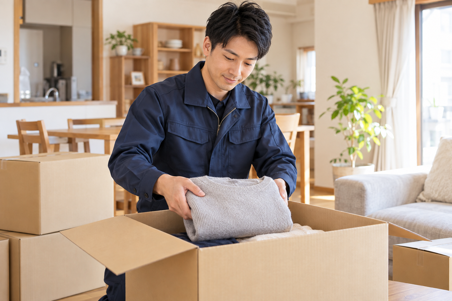 室内の荷物を整理する作業スタッフ